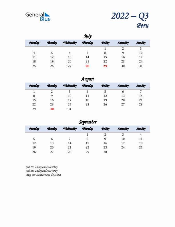 July, August, and September Calendar for Peru with Monday Start