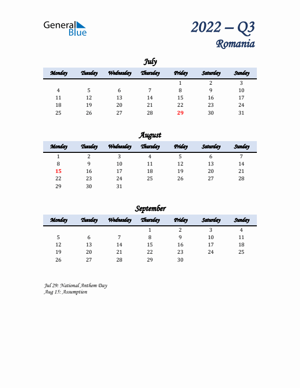 July, August, and September Calendar for Romania with Monday Start