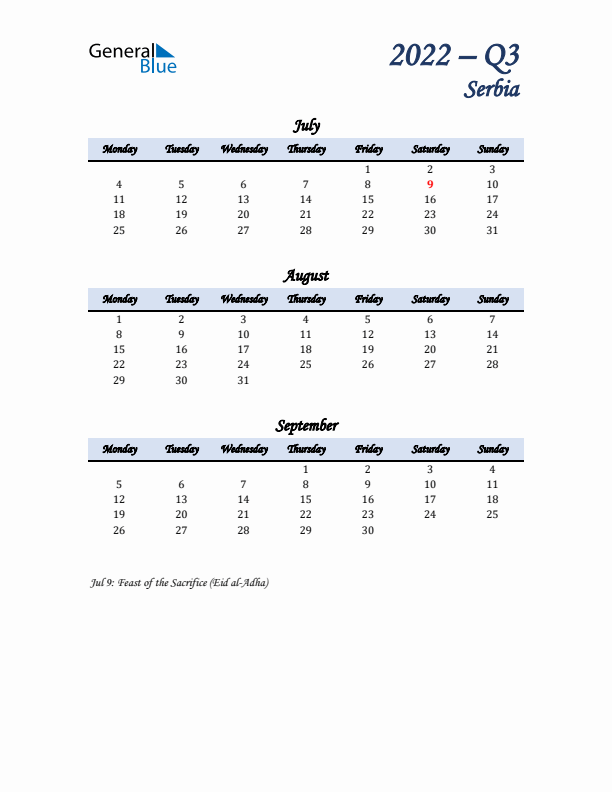 July, August, and September Calendar for Serbia with Monday Start