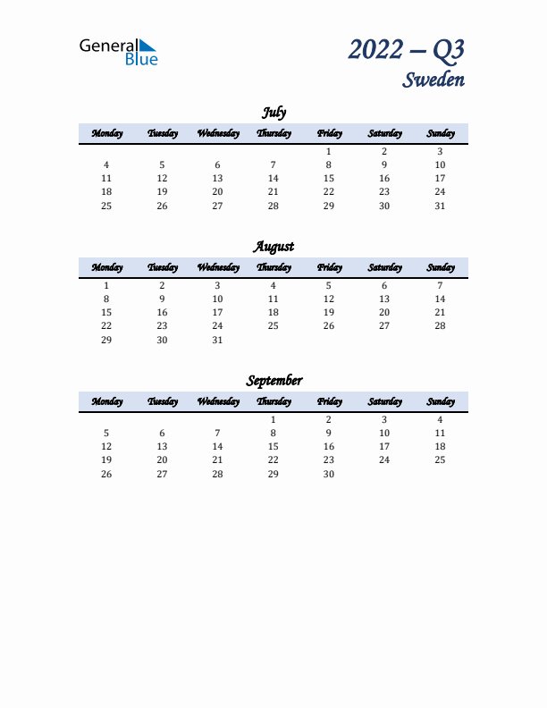 July, August, and September Calendar for Sweden with Monday Start