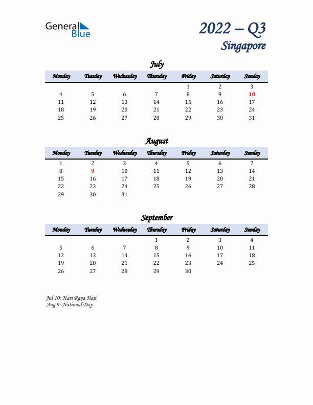 July, August, and September Calendar for Singapore with Monday Start