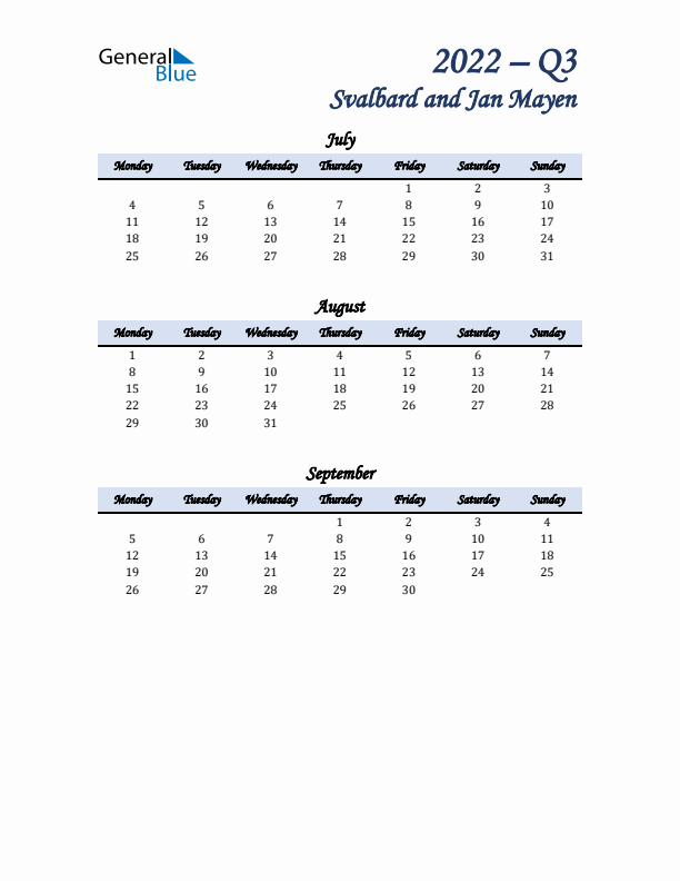 July, August, and September Calendar for Svalbard and Jan Mayen with Monday Start