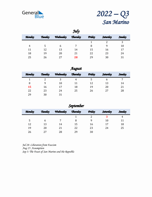 July, August, and September Calendar for San Marino with Monday Start