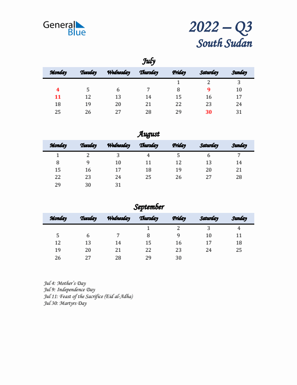 July, August, and September Calendar for South Sudan with Monday Start