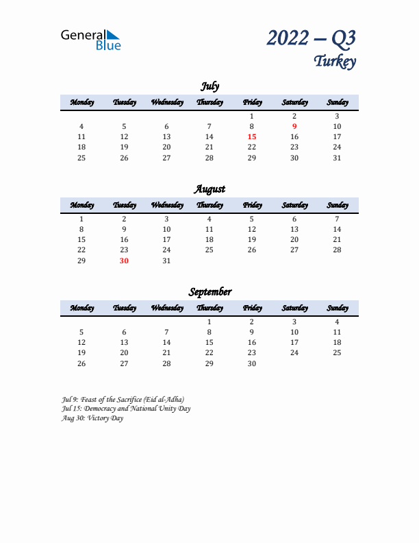 July, August, and September Calendar for Turkey with Monday Start