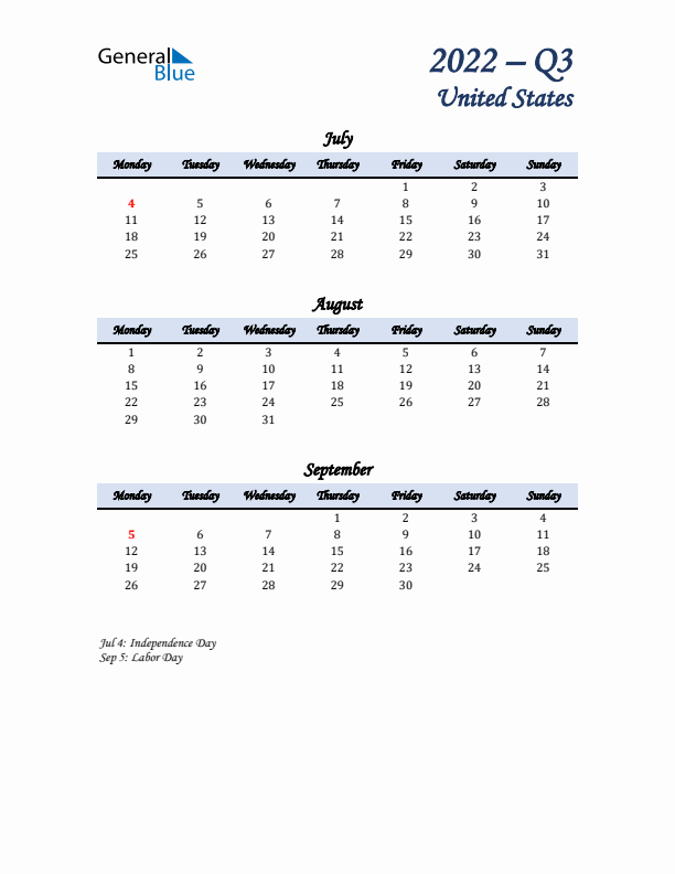 July, August, and September Calendar for United States with Monday Start