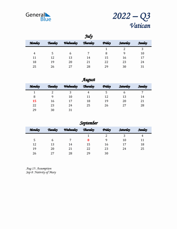 July, August, and September Calendar for Vatican with Monday Start