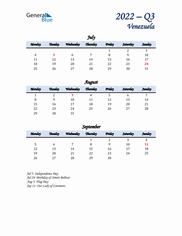 July, August, and September Calendar for Venezuela with Monday Start