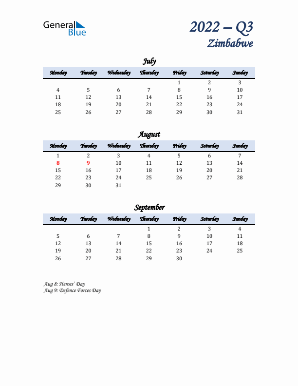 July, August, and September Calendar for Zimbabwe with Monday Start