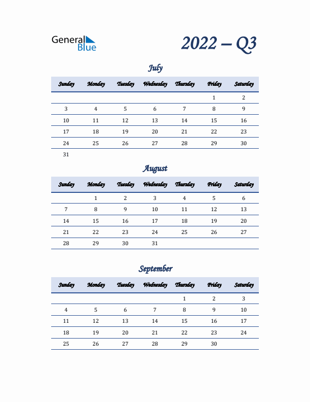 Sunday Start 2022 Quarterly Calendar