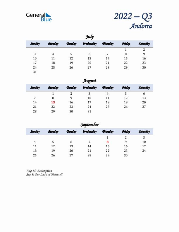 July, August, and September Calendar for Andorra with Sunday Start