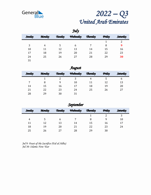 July, August, and September Calendar for United Arab Emirates with Sunday Start