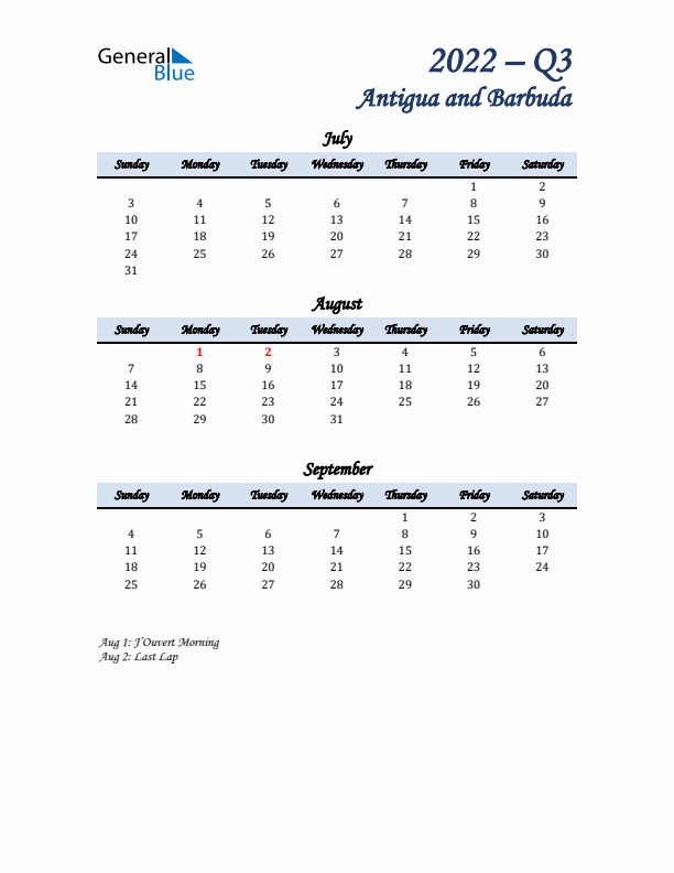 July, August, and September Calendar for Antigua and Barbuda with Sunday Start