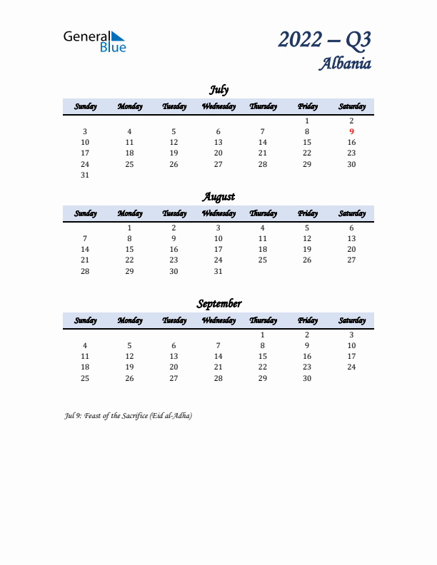 July, August, and September Calendar for Albania with Sunday Start