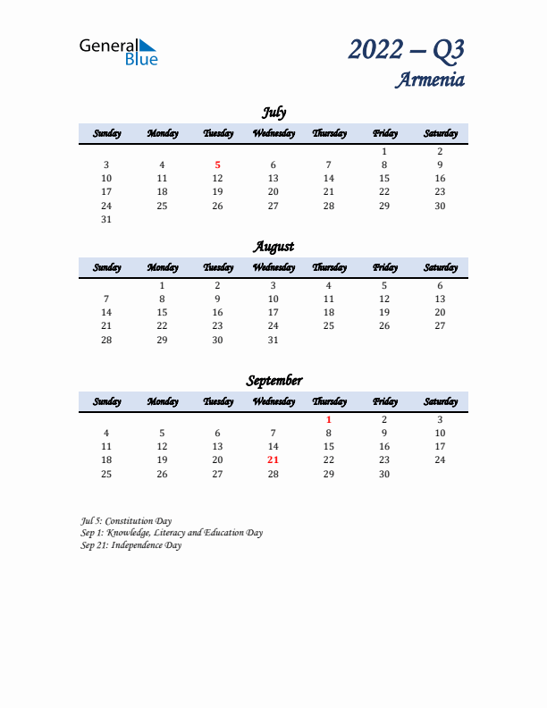 July, August, and September Calendar for Armenia with Sunday Start