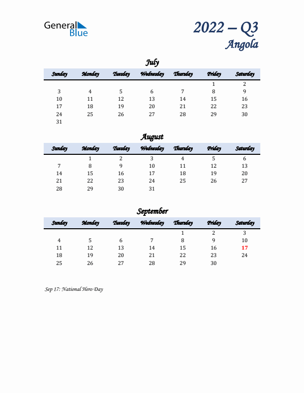 July, August, and September Calendar for Angola with Sunday Start