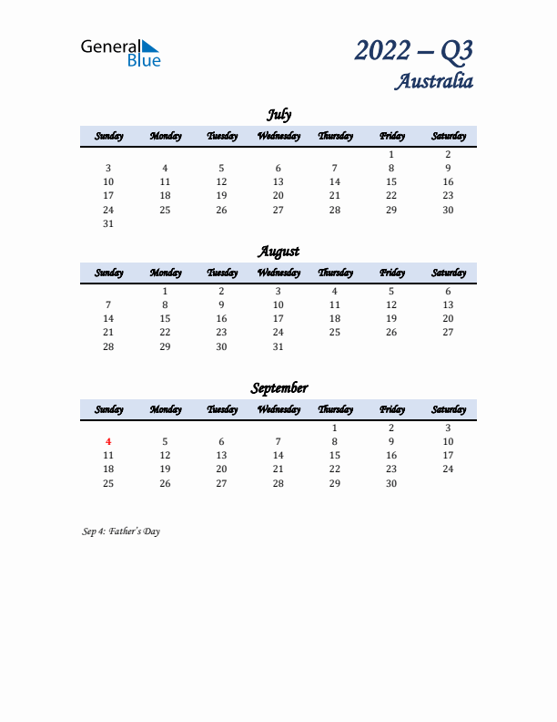 July, August, and September Calendar for Australia with Sunday Start