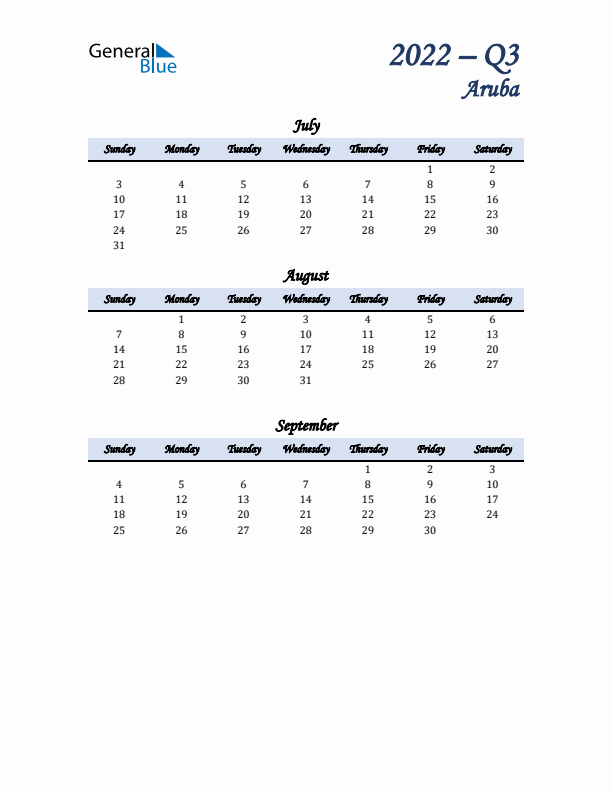 July, August, and September Calendar for Aruba with Sunday Start