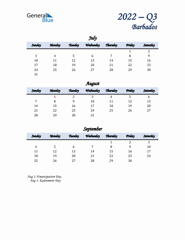 July, August, and September Calendar for Barbados with Sunday Start