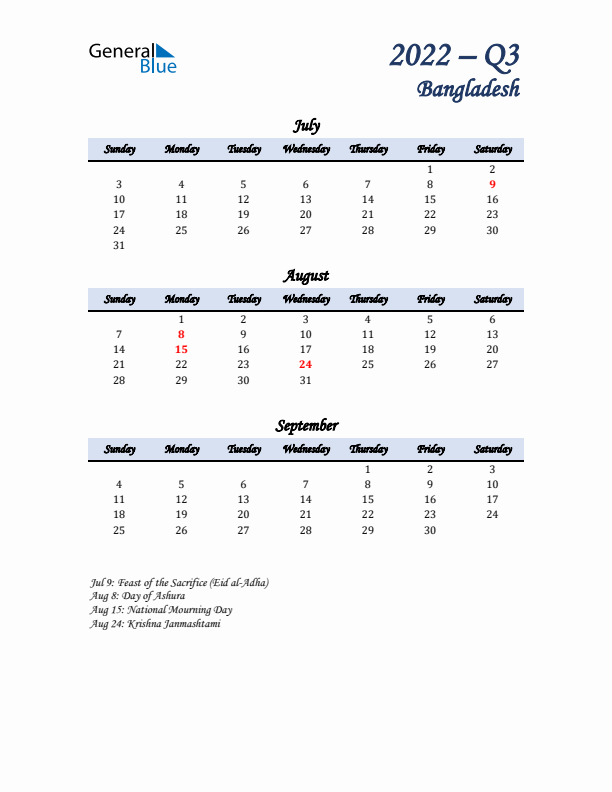 July, August, and September Calendar for Bangladesh with Sunday Start