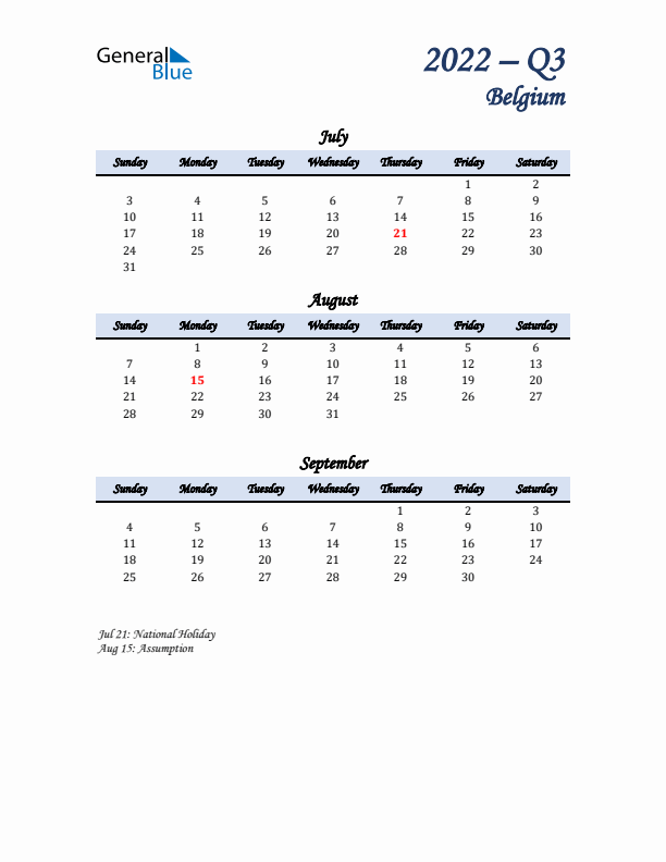 July, August, and September Calendar for Belgium with Sunday Start