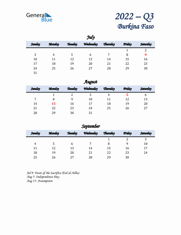 July, August, and September Calendar for Burkina Faso with Sunday Start