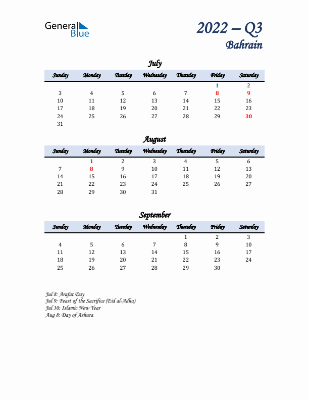 July, August, and September Calendar for Bahrain with Sunday Start