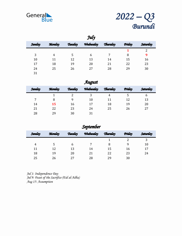 July, August, and September Calendar for Burundi with Sunday Start