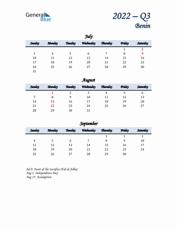 July, August, and September Calendar for Benin with Sunday Start