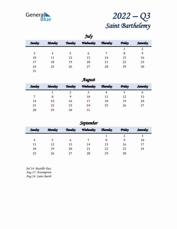 July, August, and September Calendar for Saint Barthelemy with Sunday Start