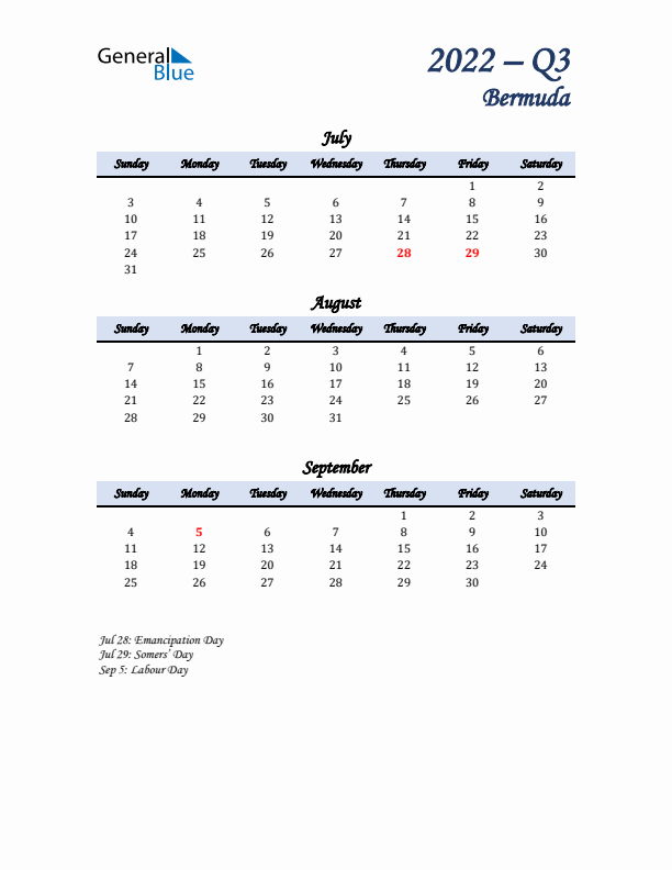 July, August, and September Calendar for Bermuda with Sunday Start