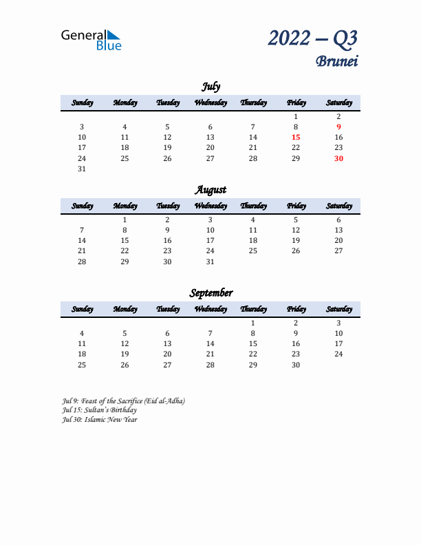 July, August, and September Calendar for Brunei with Sunday Start