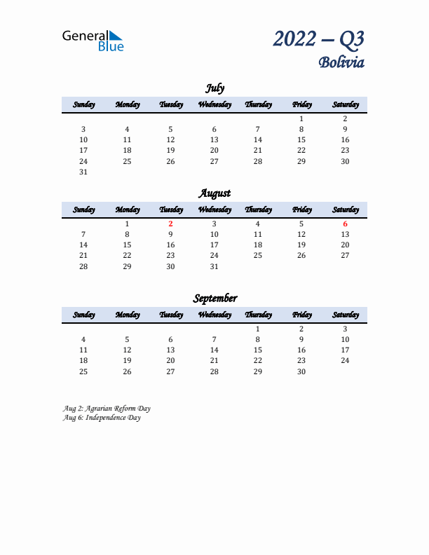 July, August, and September Calendar for Bolivia with Sunday Start