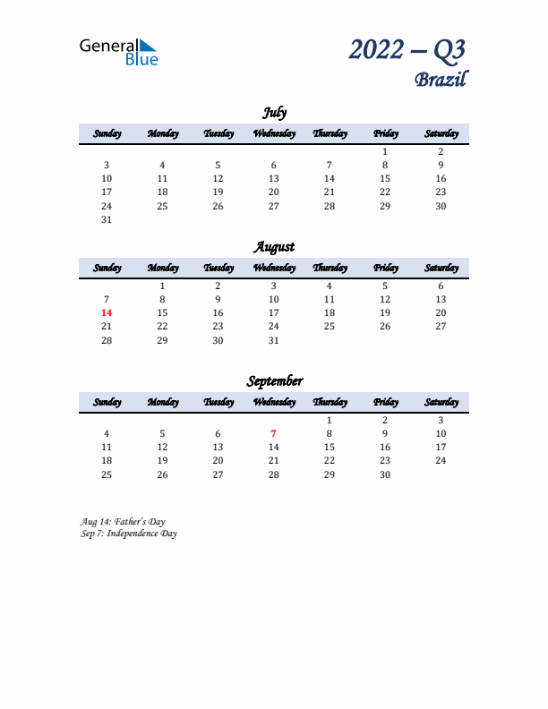 July, August, and September Calendar for Brazil with Sunday Start