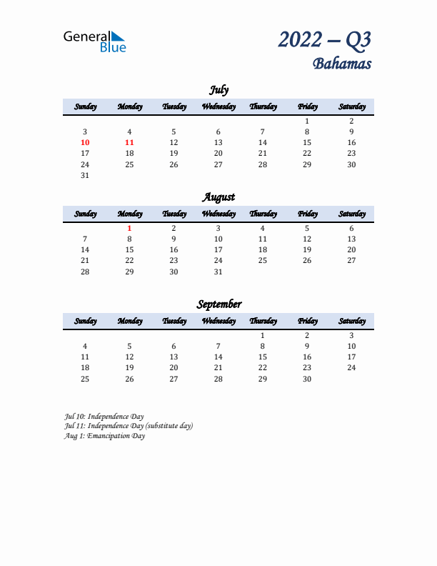 July, August, and September Calendar for Bahamas with Sunday Start