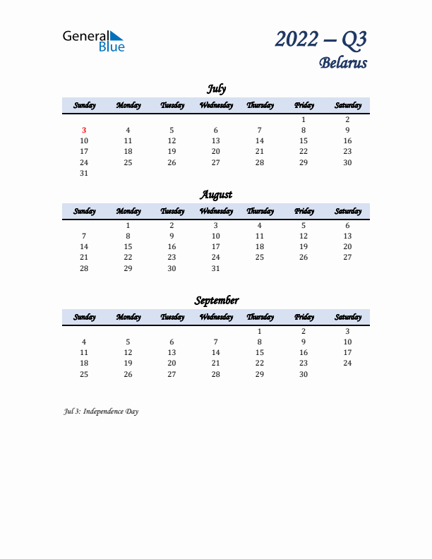 July, August, and September Calendar for Belarus with Sunday Start