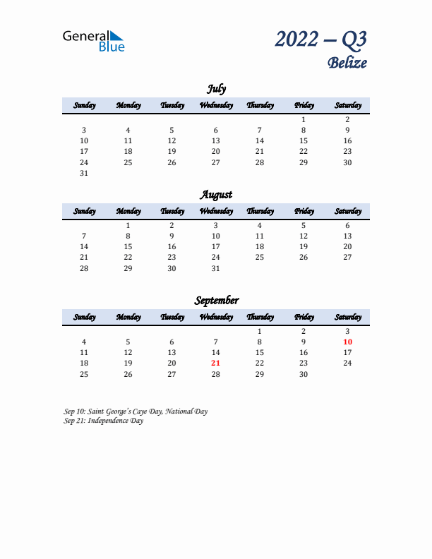 July, August, and September Calendar for Belize with Sunday Start