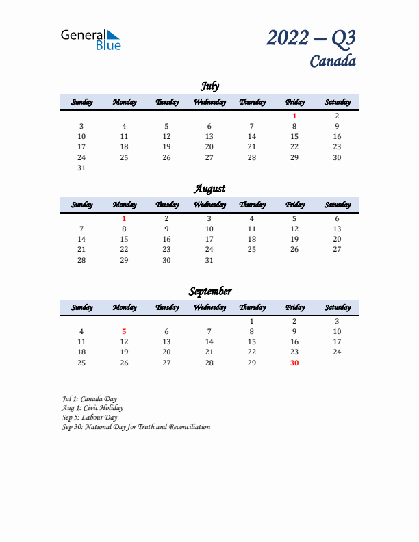 July, August, and September Calendar for Canada with Sunday Start