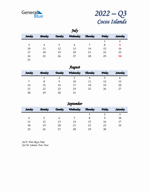 July, August, and September Calendar for Cocos Islands with Sunday Start