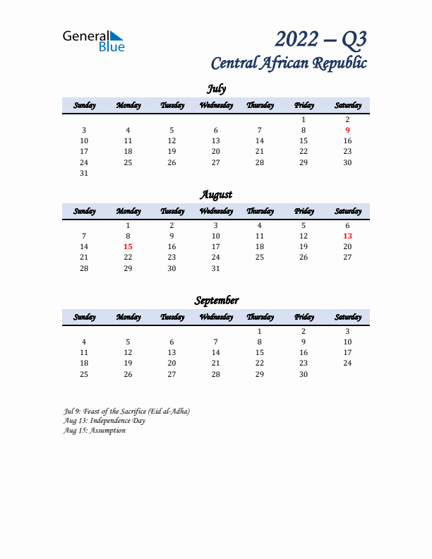 July, August, and September Calendar for Central African Republic with Sunday Start