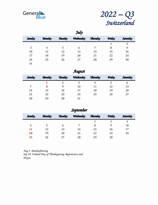 July, August, and September Calendar for Switzerland with Sunday Start