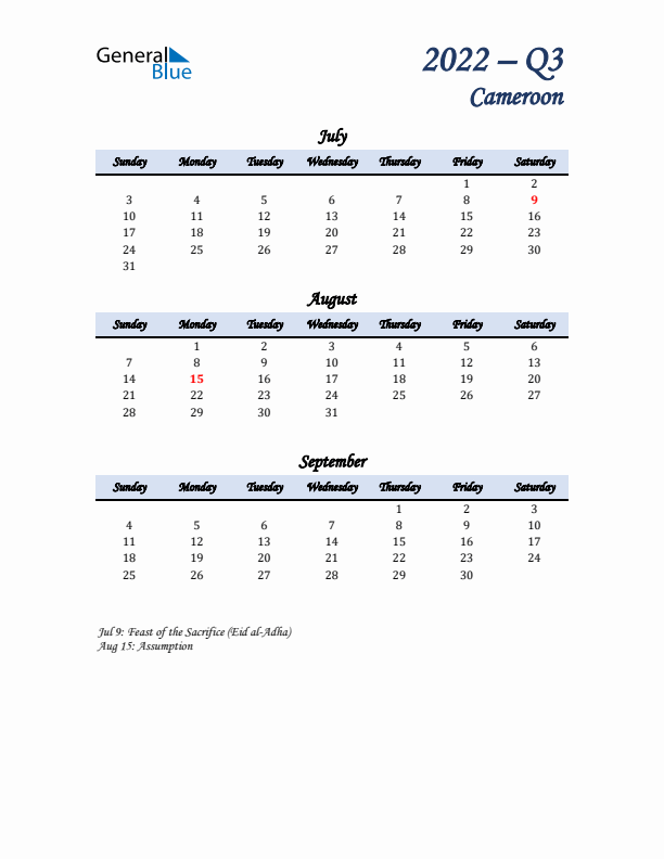 July, August, and September Calendar for Cameroon with Sunday Start