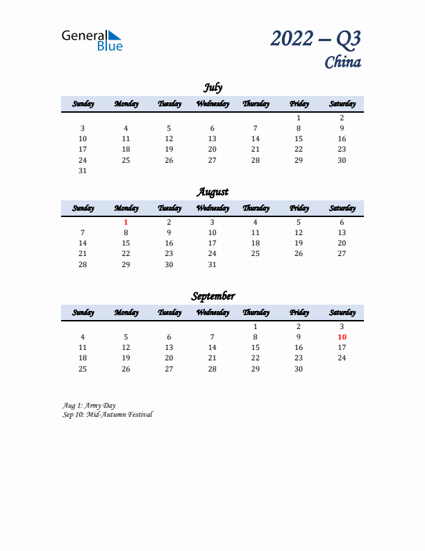 July, August, and September Calendar for China with Sunday Start