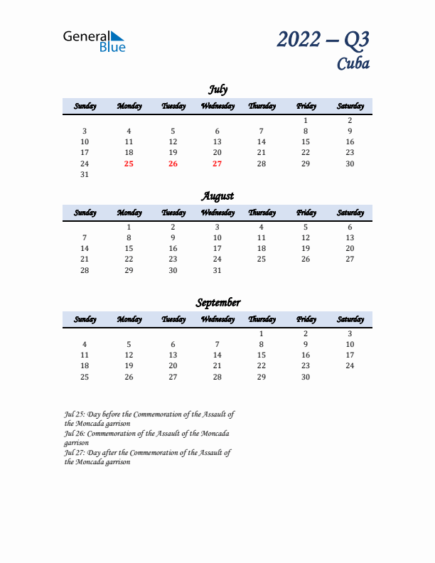 July, August, and September Calendar for Cuba with Sunday Start