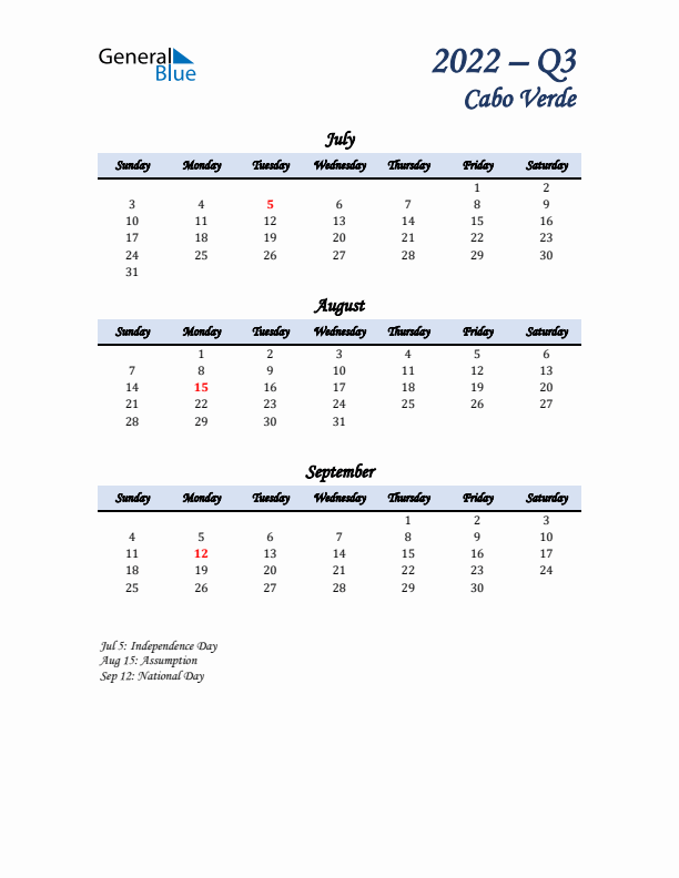 July, August, and September Calendar for Cabo Verde with Sunday Start