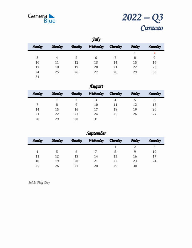 July, August, and September Calendar for Curacao with Sunday Start