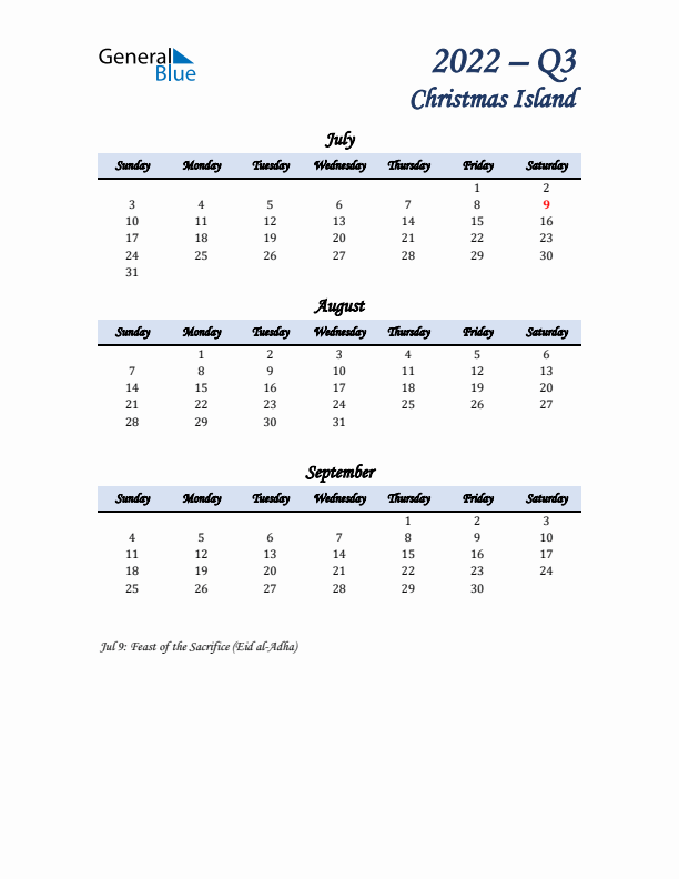 July, August, and September Calendar for Christmas Island with Sunday Start