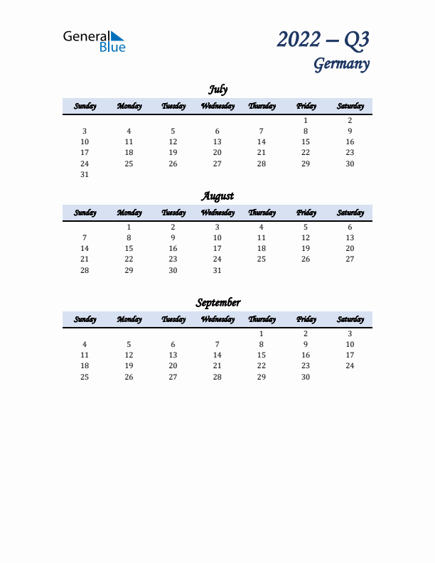 July, August, and September Calendar for Germany with Sunday Start