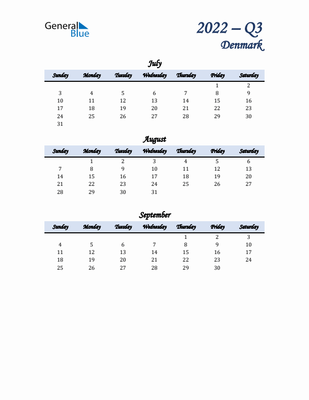 July, August, and September Calendar for Denmark with Sunday Start