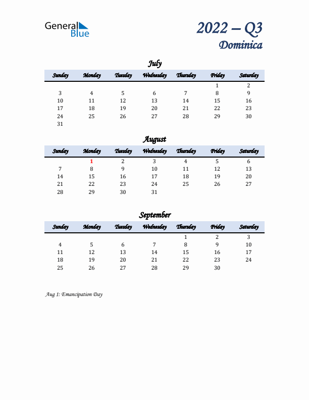 July, August, and September Calendar for Dominica with Sunday Start